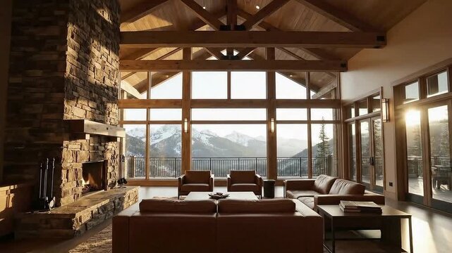 Luxurious mountain lodge living room with roaring fireplace and panoramic snow capped mountain views at sunset