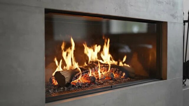 Cozy modern fireplace with burning logs and warm flickering flames creating a relaxing ambiance for any home interior
