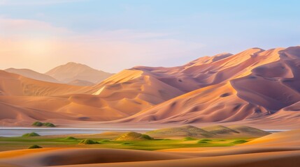 Naklejka premium Sand Dunes Landscape with Green Vegetation and Blue Sky During Sunset