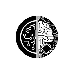 Vector illustration of artificial intelligence brain connected to a digital circuit, representing the integration of human intelligence with technology