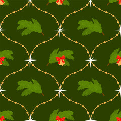 Winter Christmas tree branch vector seamless pattern with ornaments, bows, ribbons, jingle bells, garland. Ideal for wrapping paper, decor, and textiles