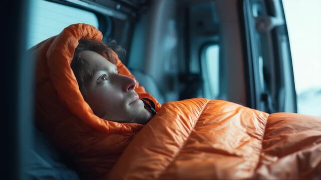 A traveler wrapped in a bright sleeping bag enjoys a peaceful sunrise moment inside a camper van. The image captures the essence of modern nomadic lifestyle and outdoor exploration
