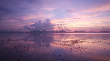 Fototapeta premium Serene Sunset Over Calm Water with Reflective Sky and Distant Mountains in Soft Pink Purple Tones