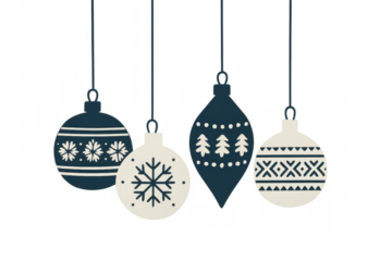 Group of hanging festive holiday ornaments with winter nordic patterns