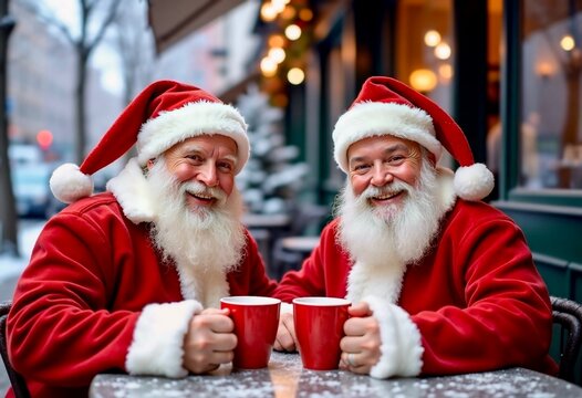 Two happy Santa Clauses drinking hot coffee from red cups at a festive street cafe in winter - Powered by Adobe