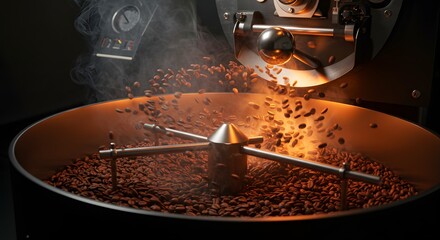 Fresh coffee beans roasting in a professional roaster, with steam and dynamic movement. Coffee production process.