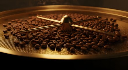 Obraz premium Freshly roasted coffee beans on a golden cooling tray with a central stirring mechanism, hints of steam, rich texture