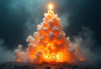A fiery Christmas tree formed from swirling clouds of smoke rising dramatically from a fiery explosion, topped with a radiant golden star, glowing brightly against a dark background. 