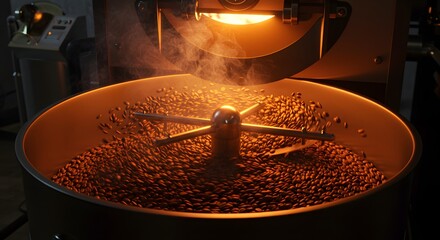 Coffee beans roasting in a commercial machine with warm light and steam, highlighting the fresh coffee preparation.