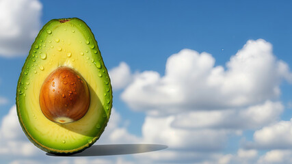 A green avocado with a large seed, isolated on a blue sky a fresh superfood ad concept Wellness, Diet
