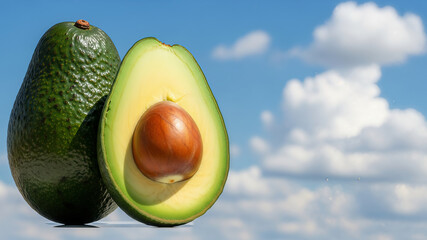 One whole and one half avocado on a sky background with copy space a web template for a recipe diet blog Healthy, Fresh