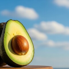A simple composition of a half avocado on a bright blue sky A minimal background for text Clean, Fresh