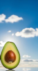 A perfect avocado half with seed on a blue sky with clouds A backdrop for nutrition facts Health