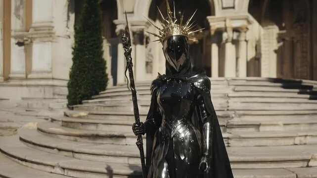 A woman in a black dress with a crown on her head stands in front of a building