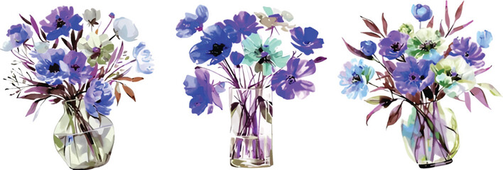 The watercolor technique gives the arrangements a soft, fluid quality, emphasizing the beauty and delicacy of the flowers.