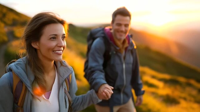 Couple enjoying sunset hike on mountain trail, golden light and warm breeze, holding hands and smiling, outdoor adventure, hiking romance, nature therapy, travel lifestyle, scenic