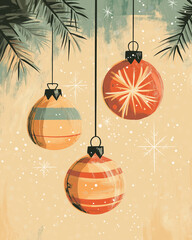 Tradycyjna retro kartka na święta Bożego Narodzenia. Wigilia. Bombki wiszące na choince