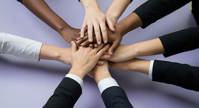 Diverse team joining hands together symbolizing unity and collaboration.