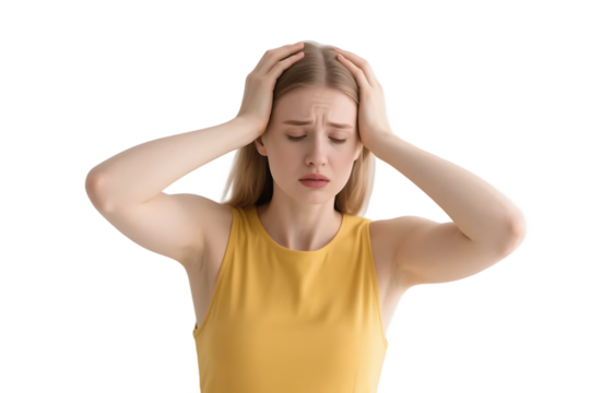 A young woman in a yellow top has hands on her head, expressing stress or a headache with a distressed expression.