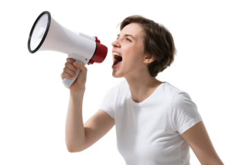 A woman is seen shouting through a megaphone, conveying strong emotions and making a loud announcement.