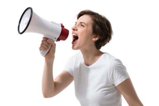 A woman is seen shouting through a megaphone, conveying strong emotions and making a loud announcement. - Powered by Adobe