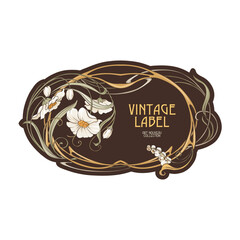 Decorative flowers and leaves in art nouveau style, vintage, old, retro style. Border, frame, template for product label, cosmetic packaging. Easy to edit. Vector illustration.