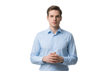 A young man in a light blue shirt stands with hands clasped, presenting a formal and composed appearance.