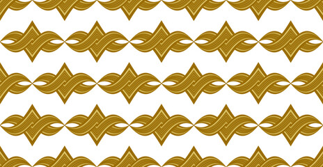 Seamless, isolated, repeating pattern of golden interlaced lines on a white background. Suitable for wallpaper, backdrops, textiles, packaging, and paper. Vector illustration.