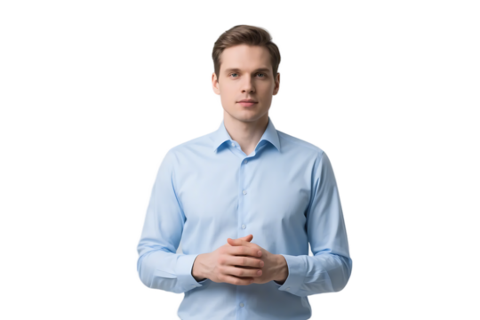 A young man in a light blue shirt stands with hands clasped, presenting a formal and composed appearance.
