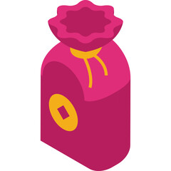 Isometric illustration of a magenta gift bag with a golden coin symbol and yellow drawstring closure on a white background