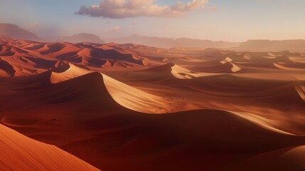 Naklejka premium Vast Desert Dunes Under Soft Cloudy Sky During Sunset