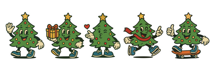 Naklejka na ściany i meble Retro style festive christmas tree vintage mascot character set Naklejka na ściany i meble Retro style festive christmas tree vintage mascot character set