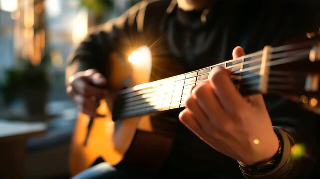 Man learning to play guitar at home, sunlight through window, focus and passion, music creativity, self improvement, relaxing hobby, skill building, artistic journey, lifestyle exp