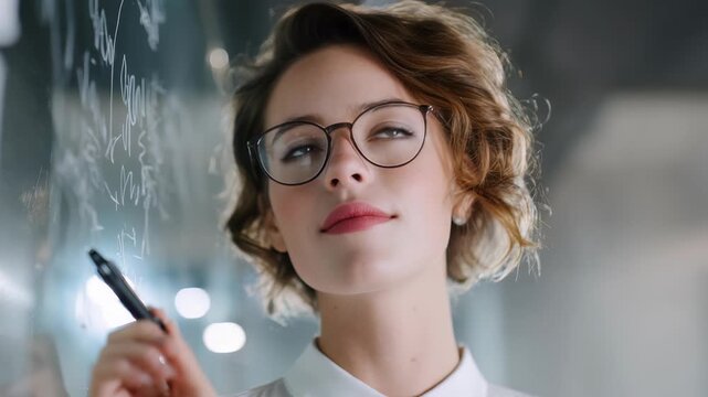 Professional woman with short hair, glasses is solving equations on glass board, symbolizing innovation, problem solving. Contemporary office background highlights dynamic work environment