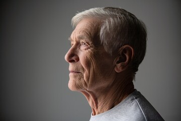 Studio portrait of a thoughtful senior man in profile looking away against a clean background. This image is perfect for illustrating topics related to aging, healthcare, retirement, and senior