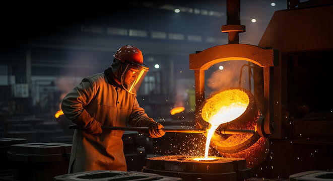 Skilled foundry worker in protective gear carefully pours glowing molten metal from a crucible into molds, illustrating the intense heat and precision of industrial metal casting in a factory setting