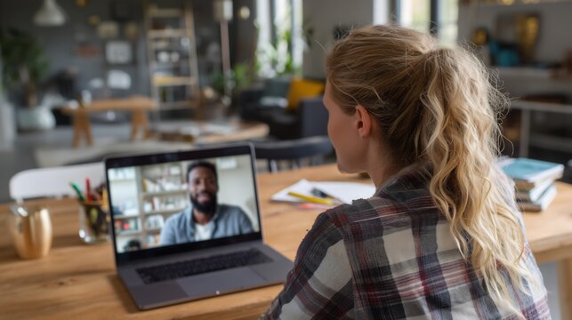 Woman video calling on laptop for remote work meeting