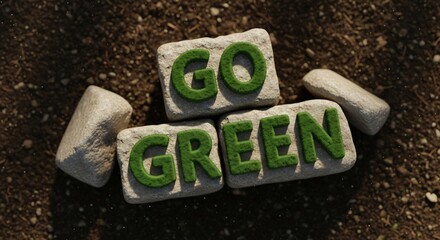 Go green message on stones for environment, sustainability campaigns, eco-friendly products, conservation awareness. Earth Day, nature promotion and green living visuals.