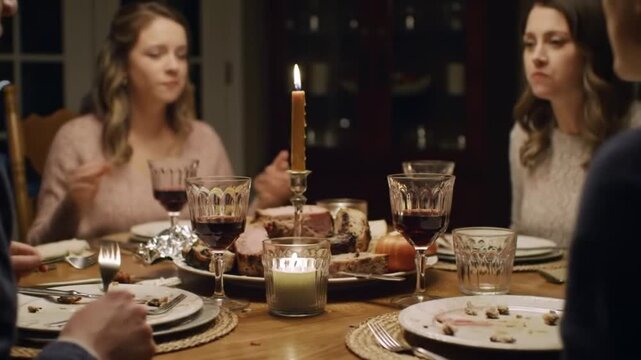 A Warm and Contented Cinematic Pan Across a Dinner Table After a Joyful and Satisfying Thanksgiving Family Feast