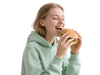 A young woman in a light green hoodie is happily eating a hamburger with a content expression.