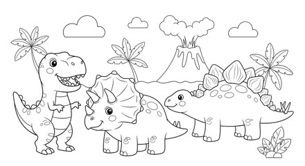 Dinosaurs in a Prehistoric Landscape with Volcano
