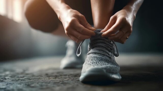 Focused view of a person lacing up grey running shoes, symbolizing readiness for exercise and healthy living. The scene captures energy, determination, and the start of a fitness journey