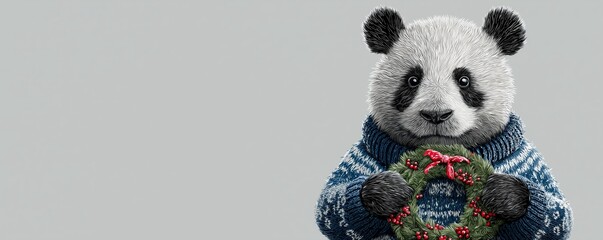 A cute panda bear in a winter sweater holding a christmas wreath. Festive holiday animal illustration. Wide banner with copy space