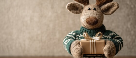 Knitted reindeer toy in a green sweater holding a christmas gift. Festive holiday banner with copy space for text