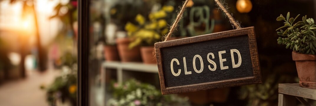 Closed sign hanging on a glass storefront window of a flower shop. Small business closure or end of day concept. Panoramic banner with copy space