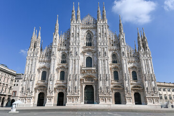 Fototapeta premium Views of central part of Milan, Brera district, shopping area, church Duomo, architectural details, streets, walking in Milan, Lombardy, Italy