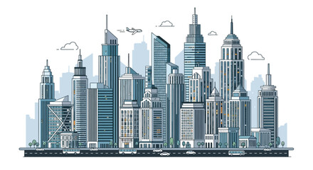 Fototapeta premium Modern city skyline illustration with skyscrapers and urban transport