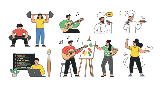 Diverse occupations and hobbies with cartoon style vector illustration