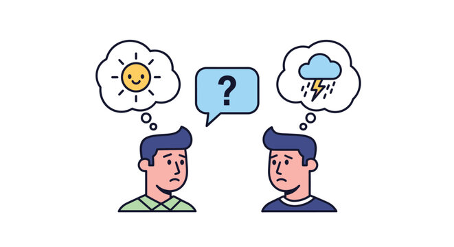 Conceptual illustration depicting optimistic and pessimistic perspectives facing a question