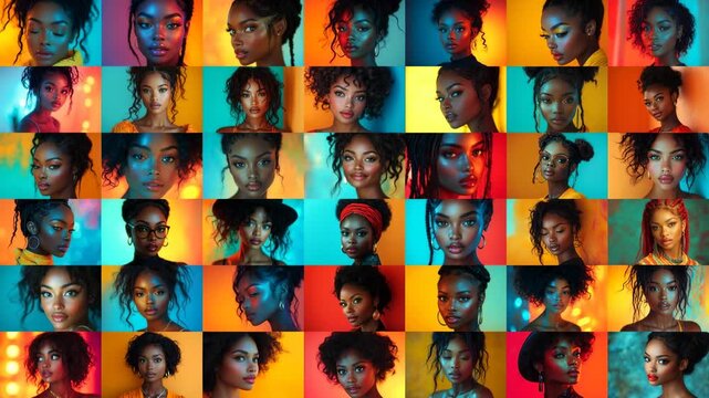 Video collage with beautiful African American women on a colorful background, creative makeup and hairstyle, portraits of black fashion models